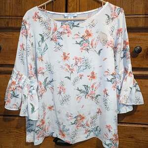 Tabitha Webb White Floral Bell Sleeve Blouse Top Size Large Boho 3/4 Flounce